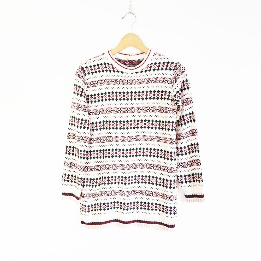 1980s Festive Beige Colorful Ski Sweater, Lightweight Zephyr Sweater Size M